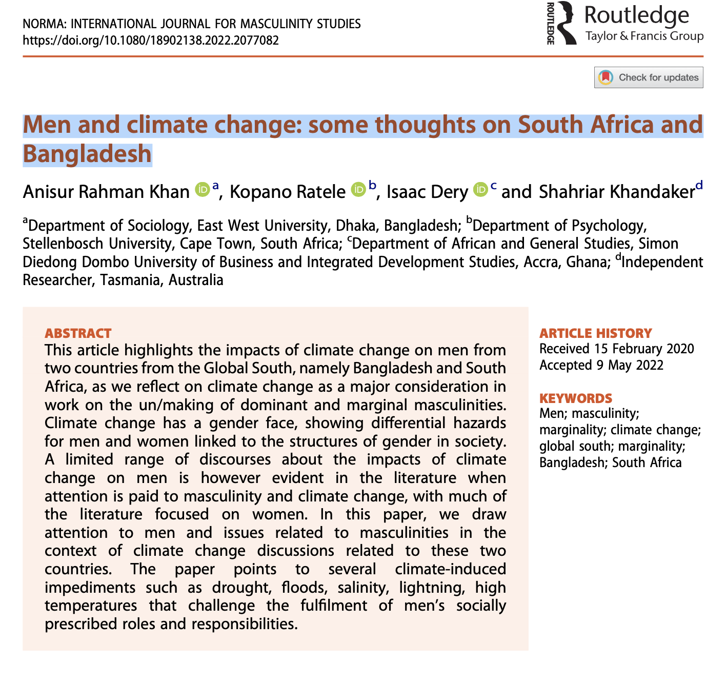 Men and climate change: some thoughts on South Afr