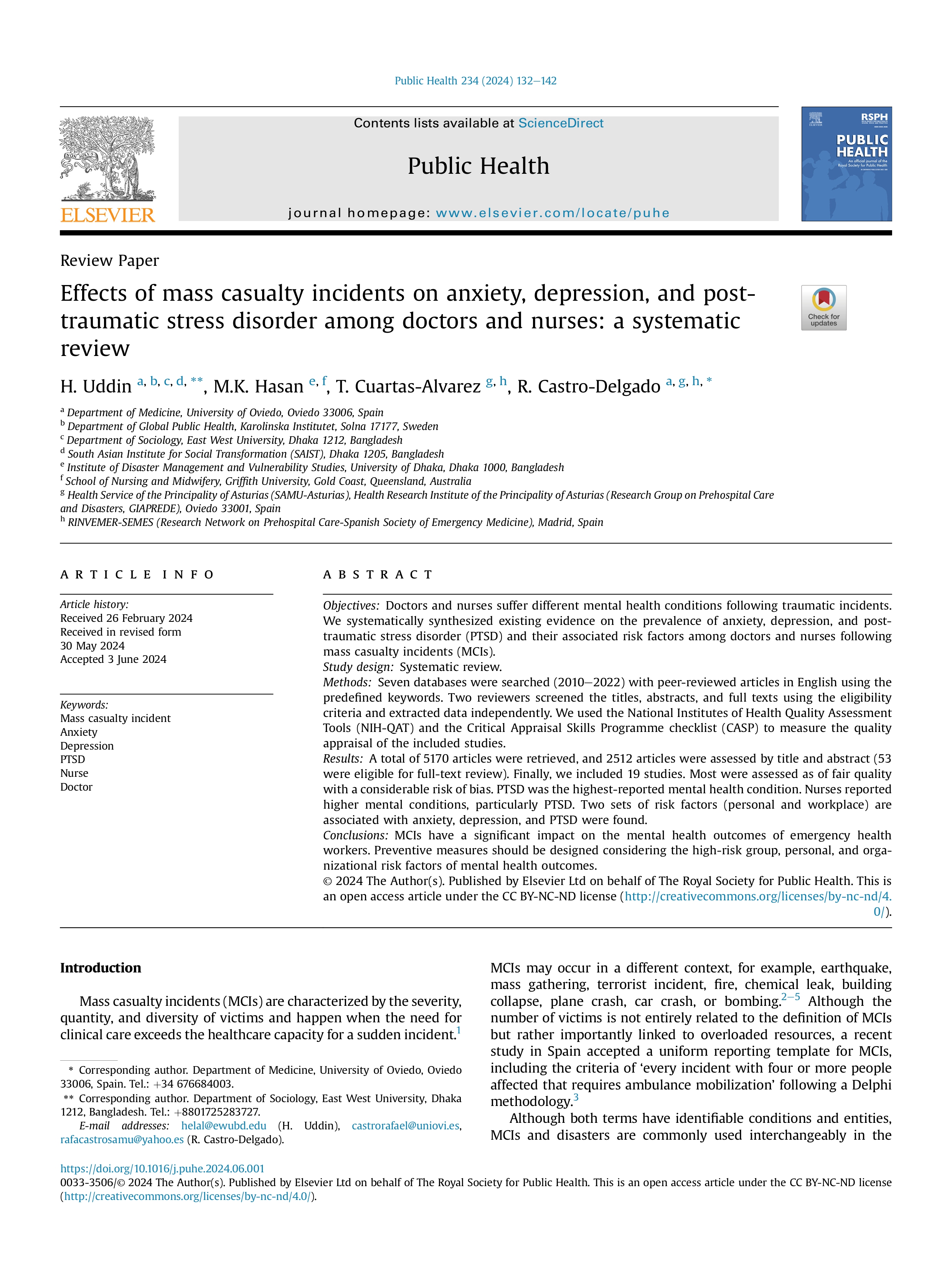 Effects of mass casualty incidents on anxiety, dep